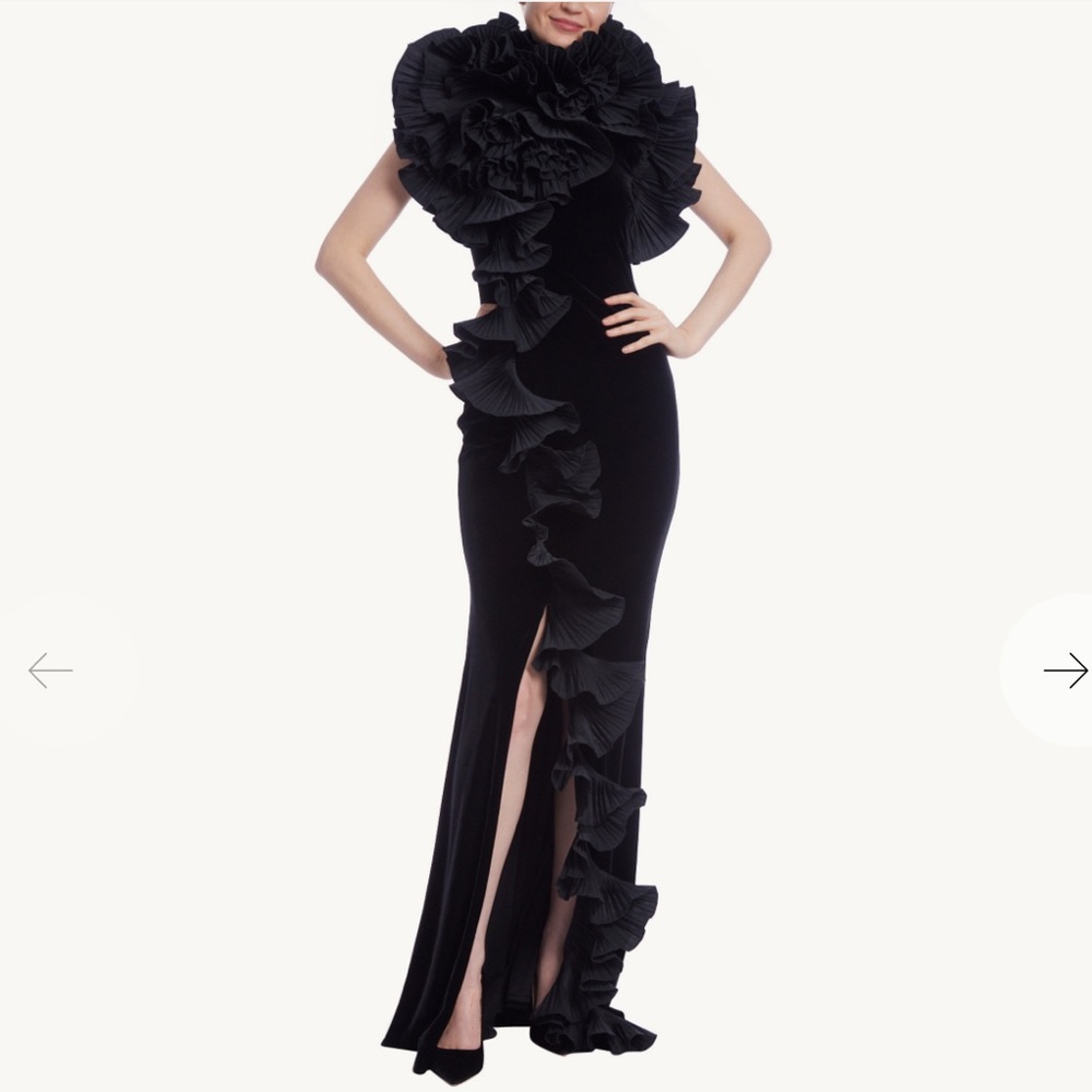 Badgley Mischka Taffeta Ruffle Velvet Gown (6)
